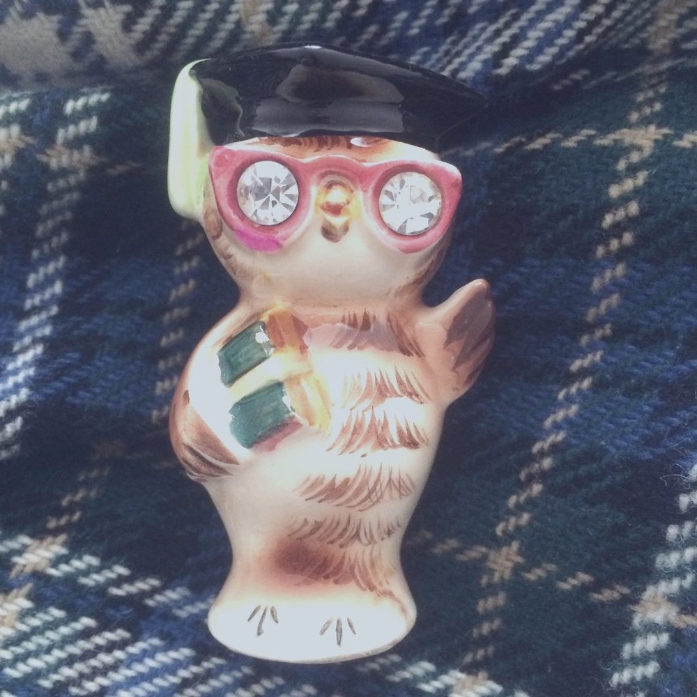 Vintage ceramic owl with graduation hat and diploma